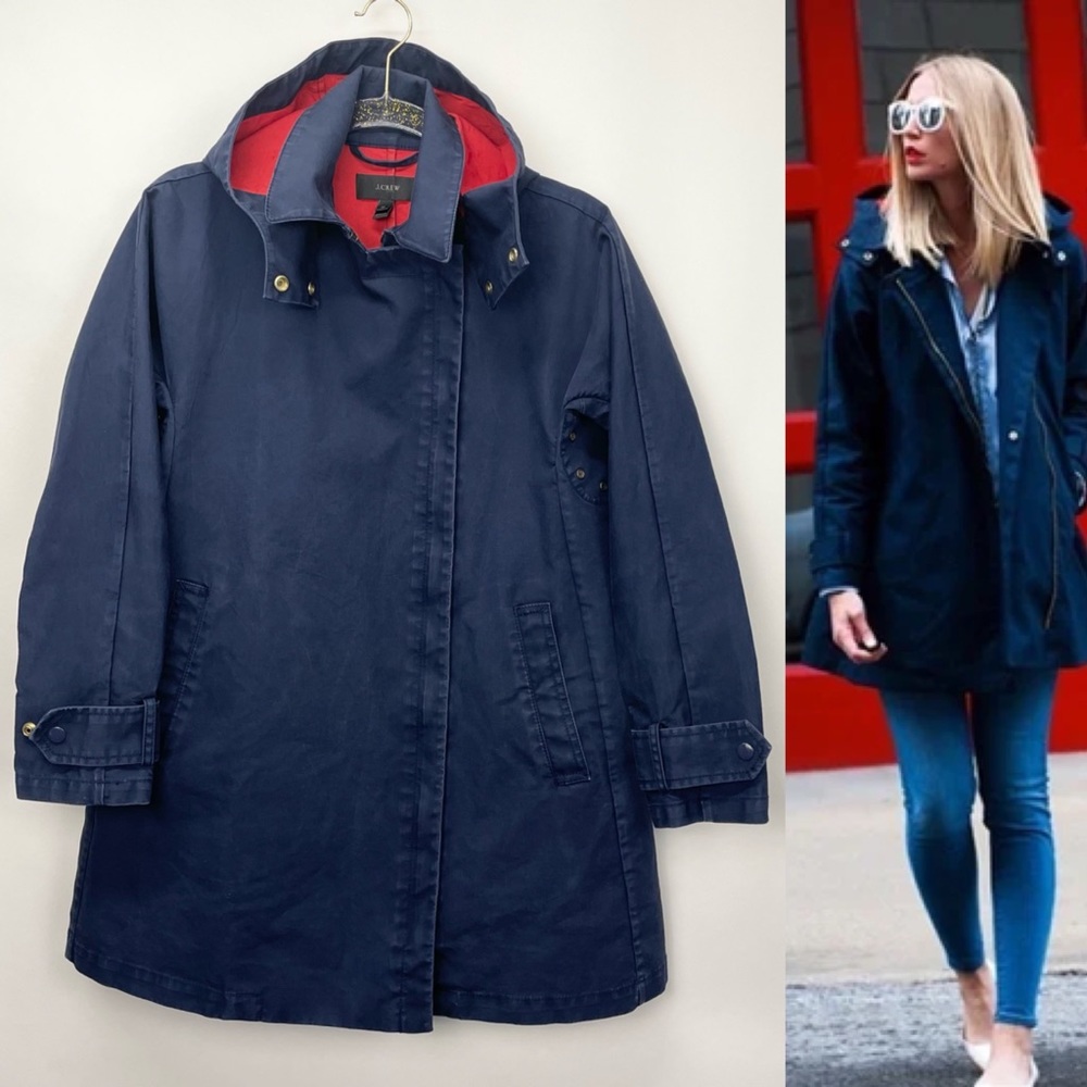 J. Crew Swing Trench Coat Belvedere Rain Jacket Size XS Navy Red